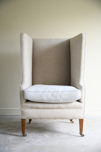 Antique Linen Upholstered Wing Back Armchair