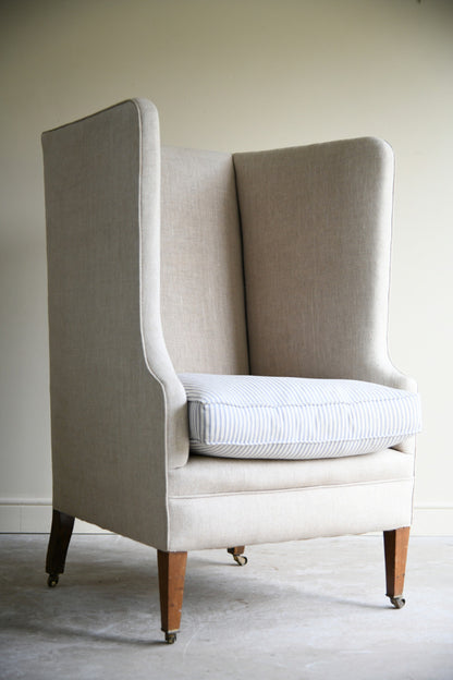 Antique Linen Upholstered Wing Back Armchair