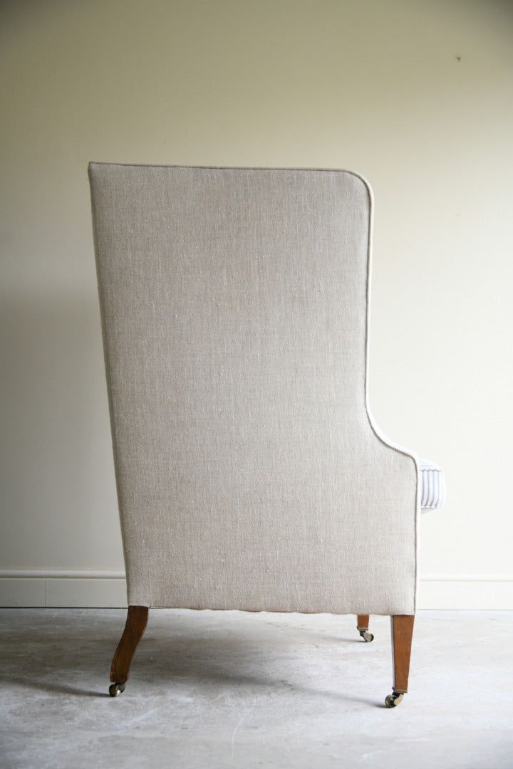 Antique Linen Upholstered Wing Back Armchair