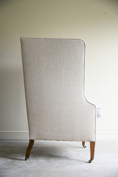 Antique Linen Upholstered Wing Back Armchair