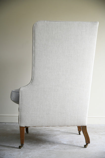 Antique Linen Upholstered Wing Back Armchair