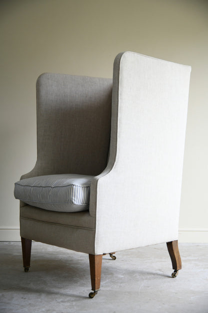 Antique Linen Upholstered Wing Back Armchair