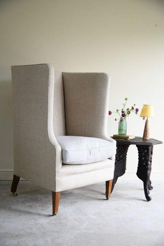 Antique Linen Upholstered Wing Back Armchair