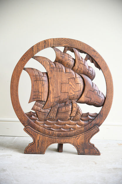 Arts & Crafts Carved Oak Sailing Ship Firescreen