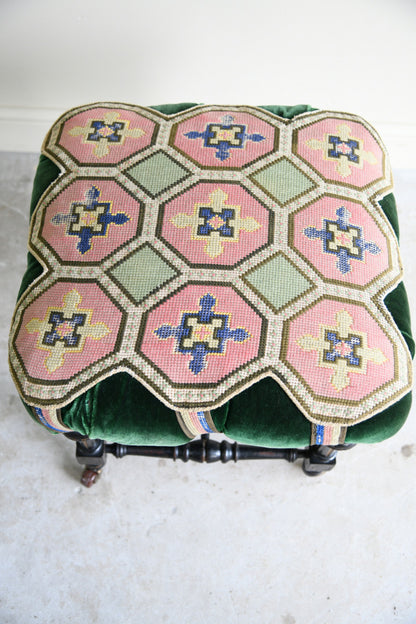 Victorian Ebonised Upholstered Footstool with Needlework Top