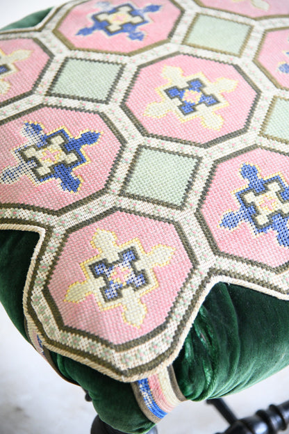 Victorian Ebonised Upholstered Footstool with Needlework Top