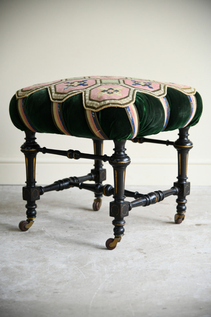 Victorian Ebonised Upholstered Footstool with Needlework Top