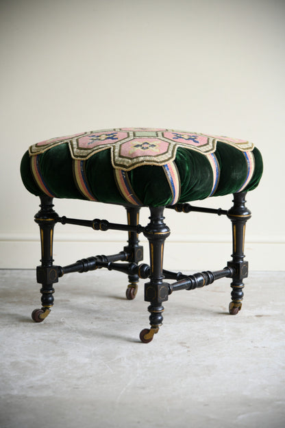 Victorian Ebonised Upholstered Footstool with Needlework Top