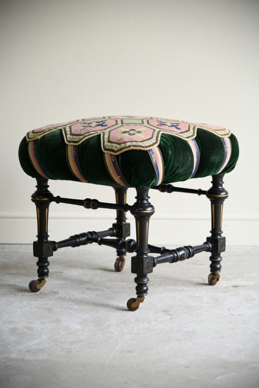Victorian Ebonised Upholstered Footstool with Needlework Top