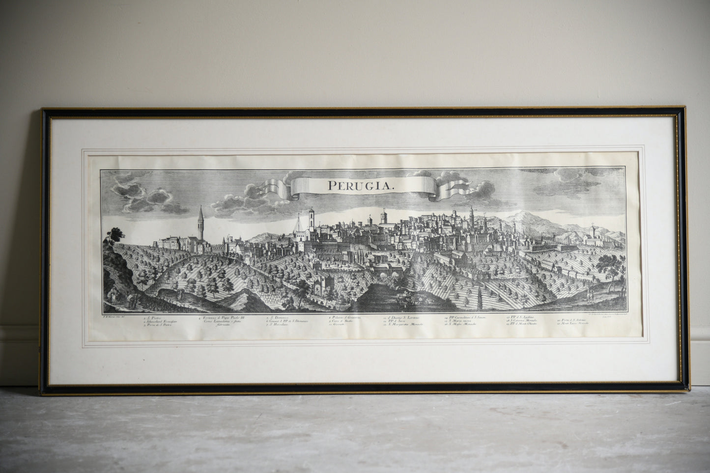 Antique Engraved Panoramic View of Perugia, Italy