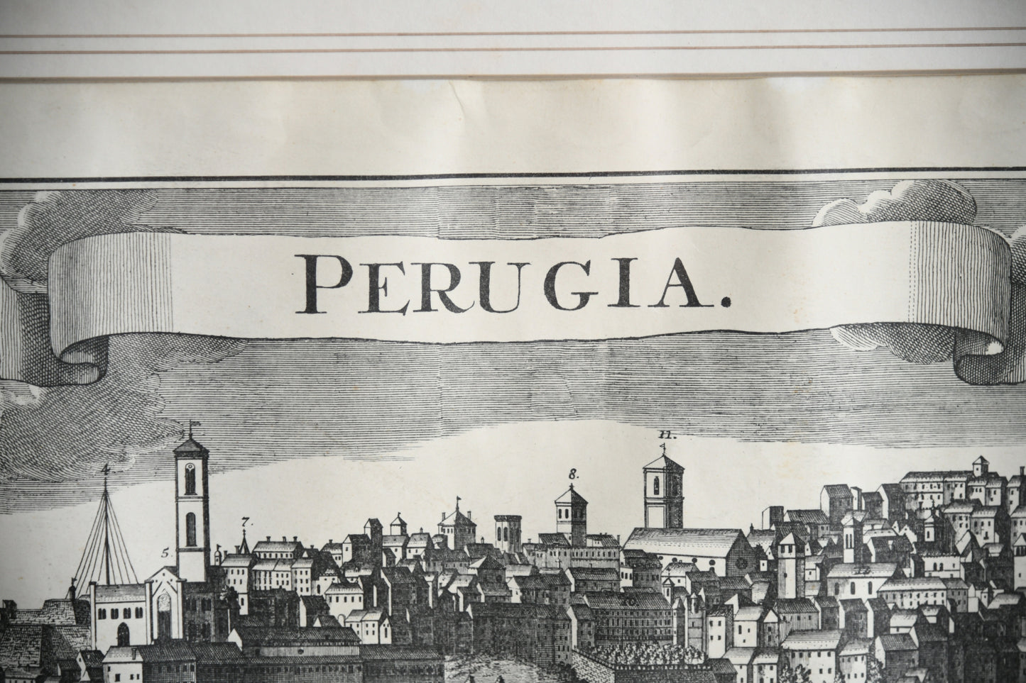Antique Engraved Panoramic View of Perugia, Italy