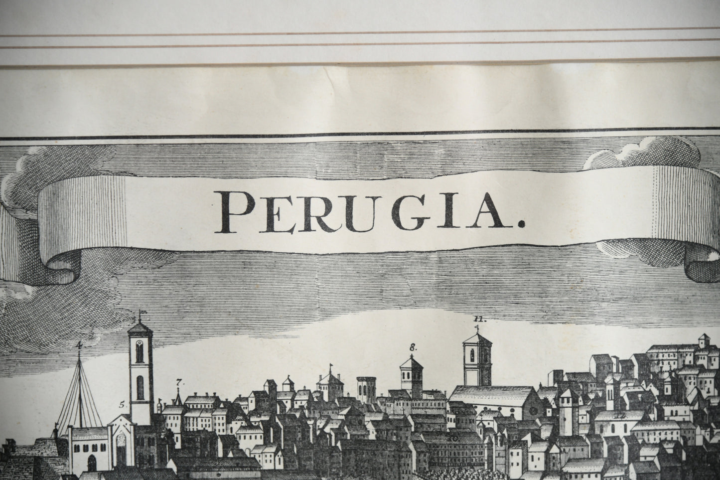 Antique Engraved Panoramic View of Perugia, Italy