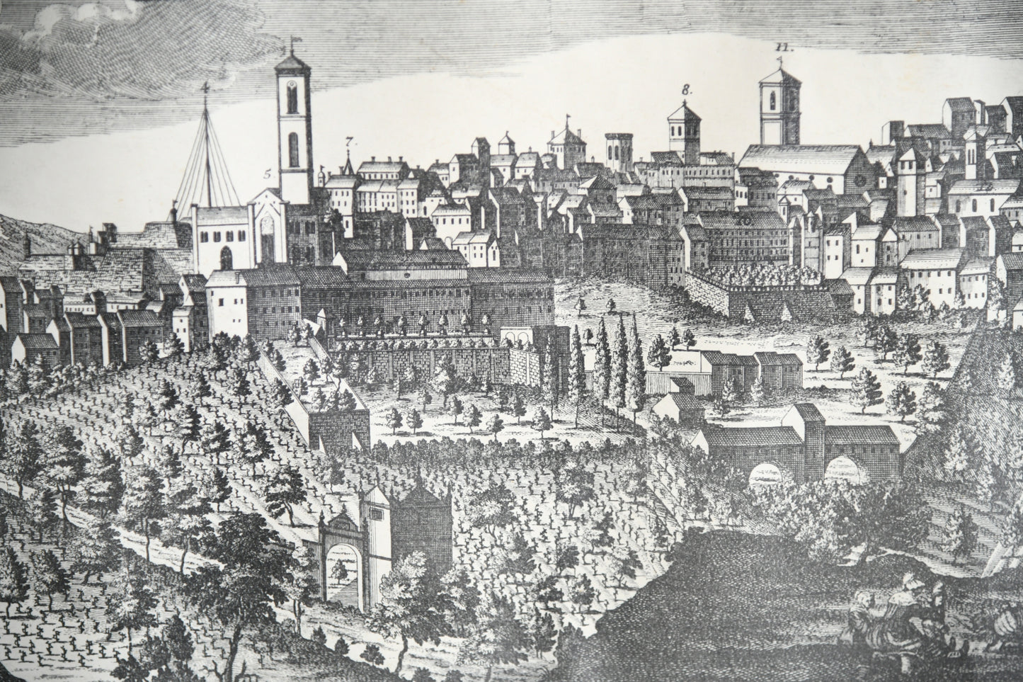 Antique Engraved Panoramic View of Perugia, Italy