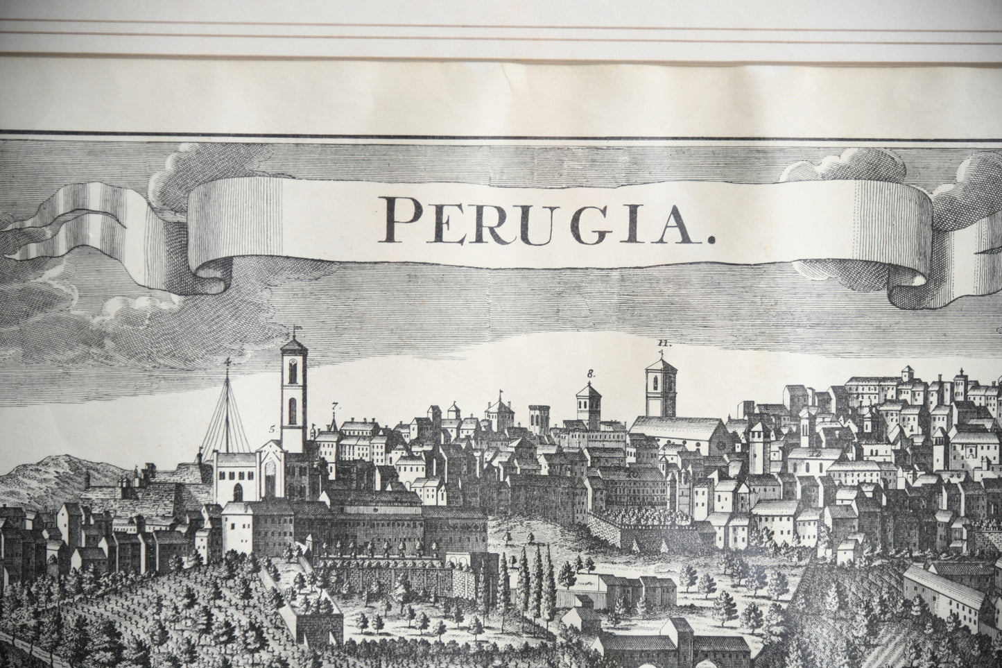 Antique Engraved Panoramic View of Perugia, Italy