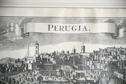 Antique Engraved Panoramic View of Perugia, Italy
