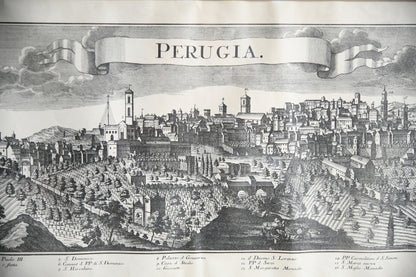 Antique Engraved Panoramic View of Perugia, Italy