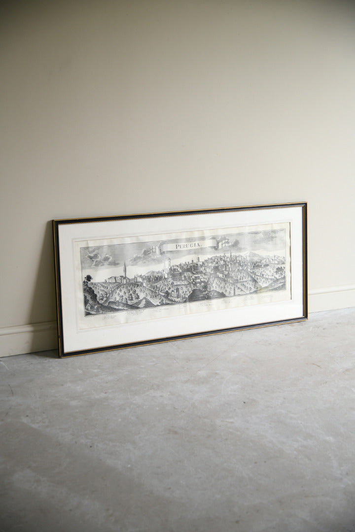 Antique Engraved Panoramic View of Perugia, Italy