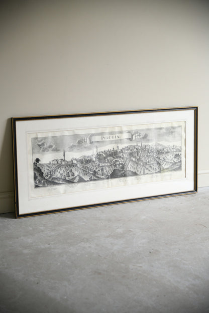 Antique Engraved Panoramic View of Perugia, Italy