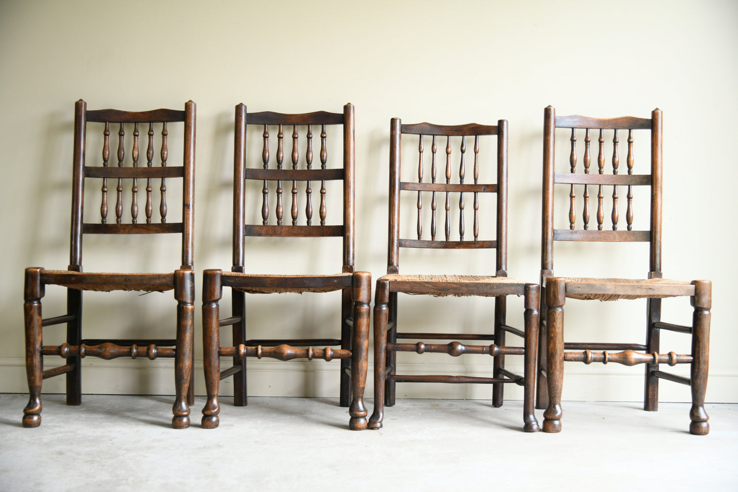 4 Country Spindle Back Rush Seat Dining Chairs