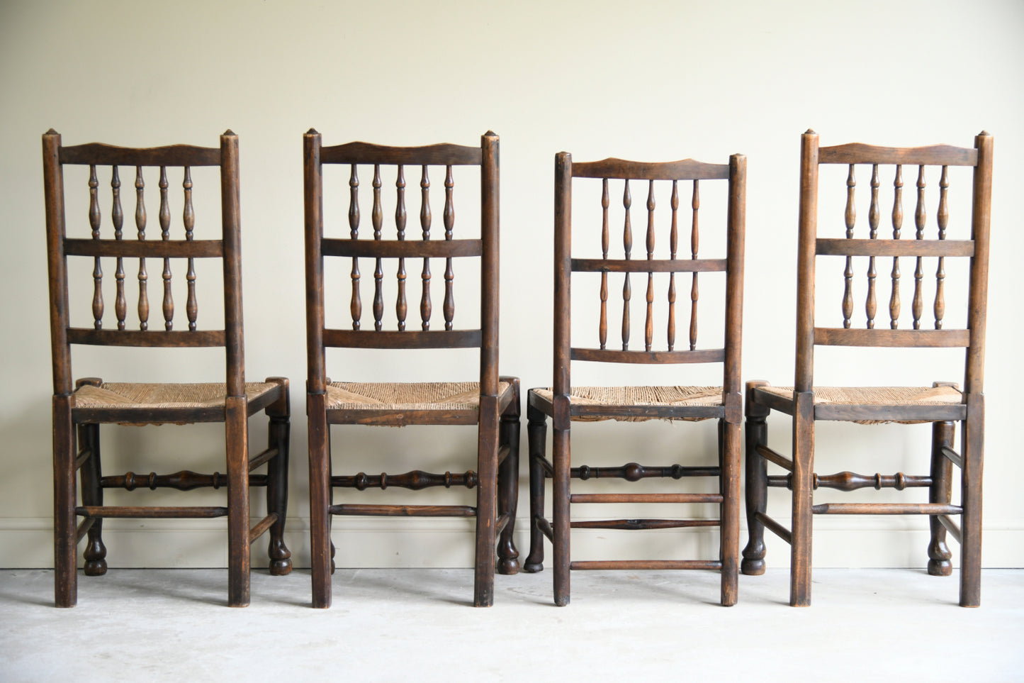 4 Country Spindle Back Rush Seat Dining Chairs