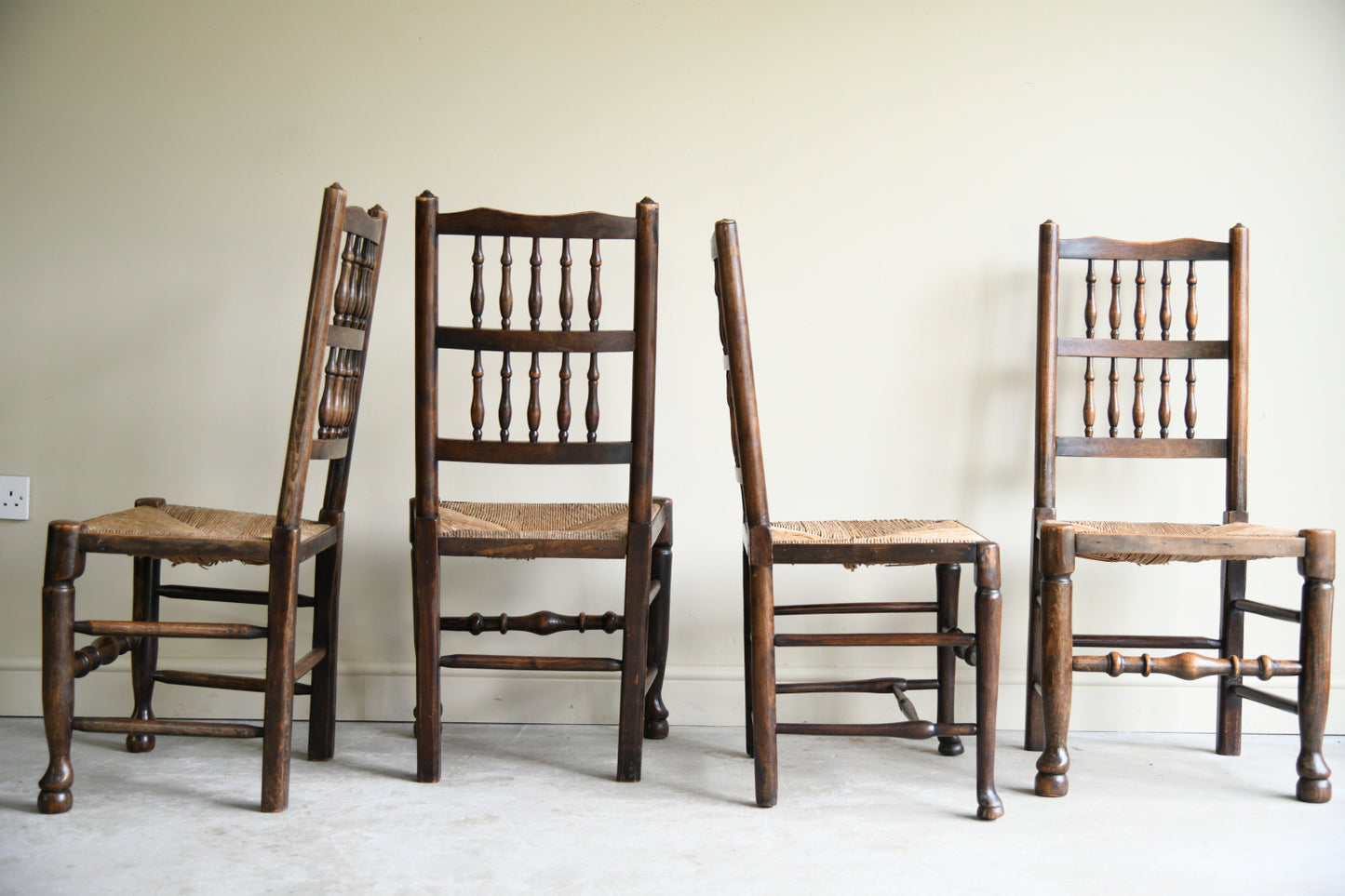 4 Country Spindle Back Rush Seat Dining Chairs