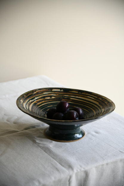 Green Ribbed Glaze Studio Pottery Footed Bowl