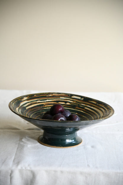 Green Ribbed Glaze Studio Pottery Footed Bowl
