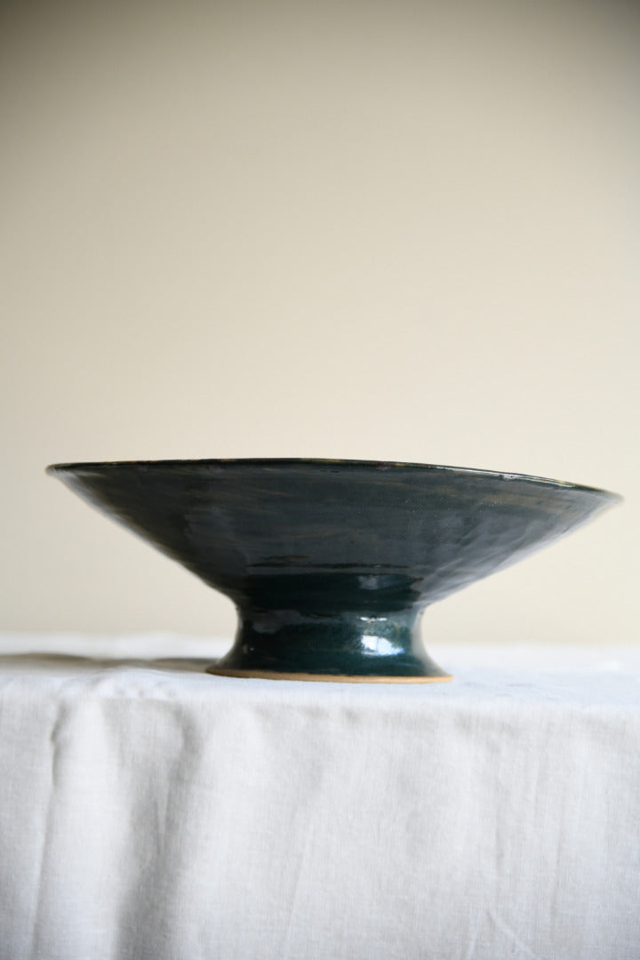 Green Ribbed Glaze Studio Pottery Footed Bowl