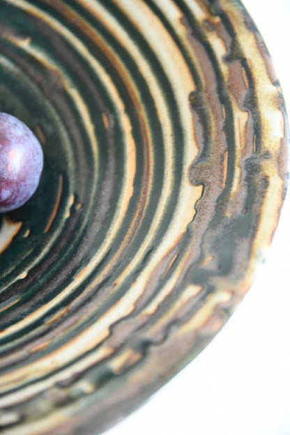 Green Ribbed Glaze Studio Pottery Footed Bowl
