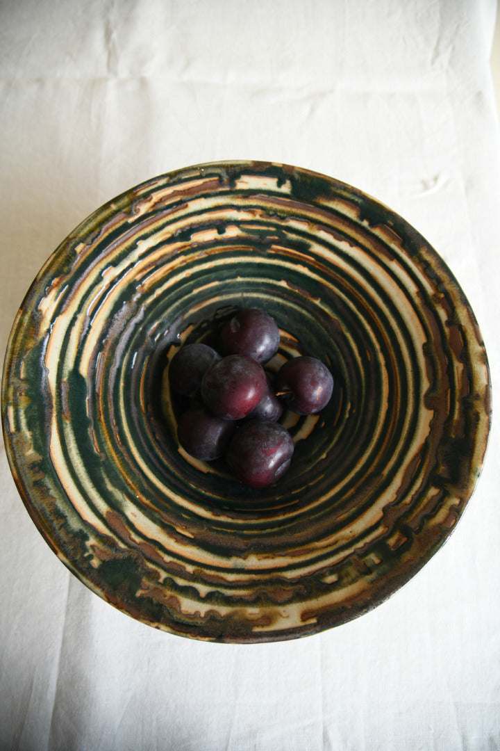 Green Ribbed Glaze Studio Pottery Footed Bowl