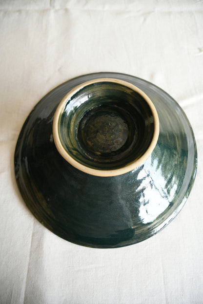 Green Ribbed Glaze Studio Pottery Footed Bowl