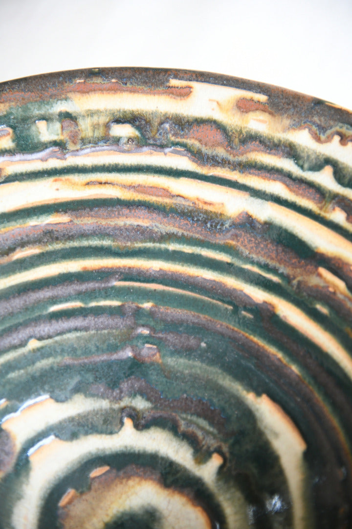 Green Ribbed Glaze Studio Pottery Footed Bowl