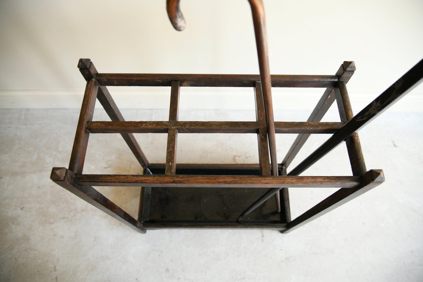 Vintage Wooden Stick & Umbrella Stand with Cast Iron Tray