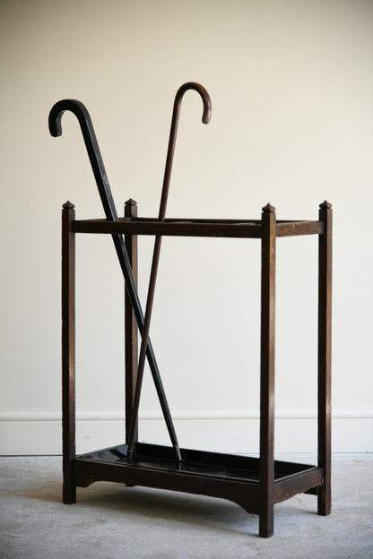 Vintage Wooden Stick & Umbrella Stand with Cast Iron Tray