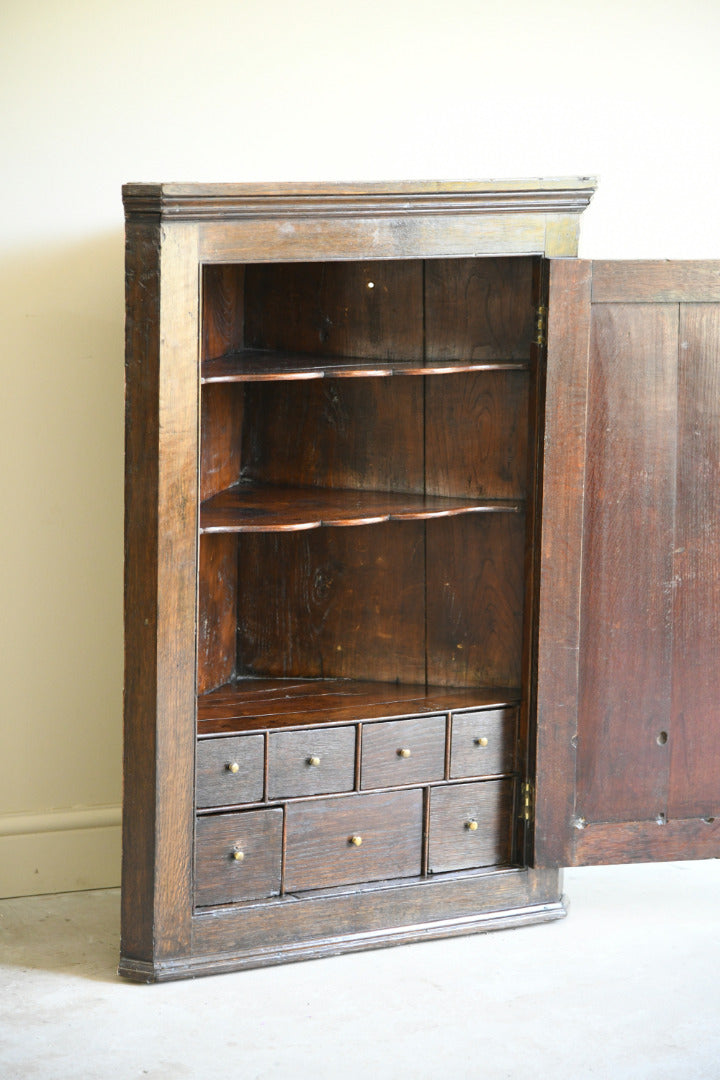 Georgian Oak Hanging Corner Cupboard with Fitted Drawers