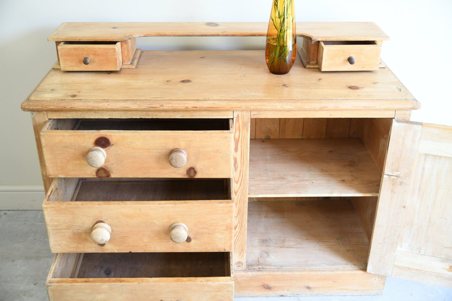 Victorian Stripped Pine Dresser Base with Gallery Back