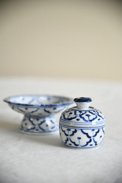 Blue & White Porcelain Lidded Pot & Pedestal Dish