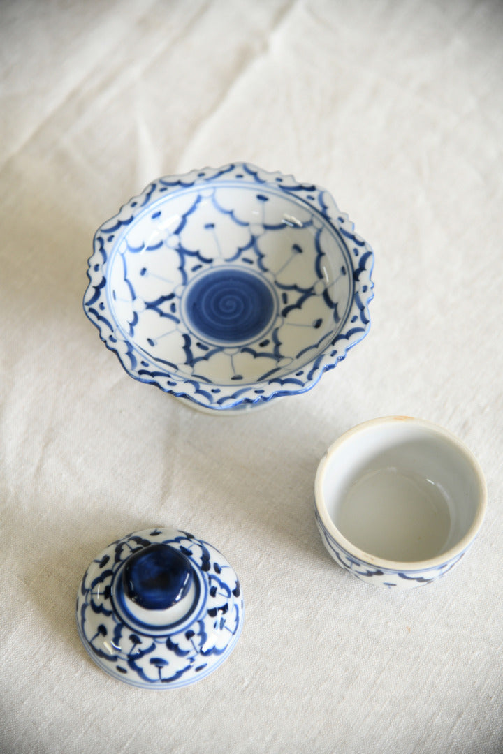 Blue & White Porcelain Lidded Pot & Pedestal Dish