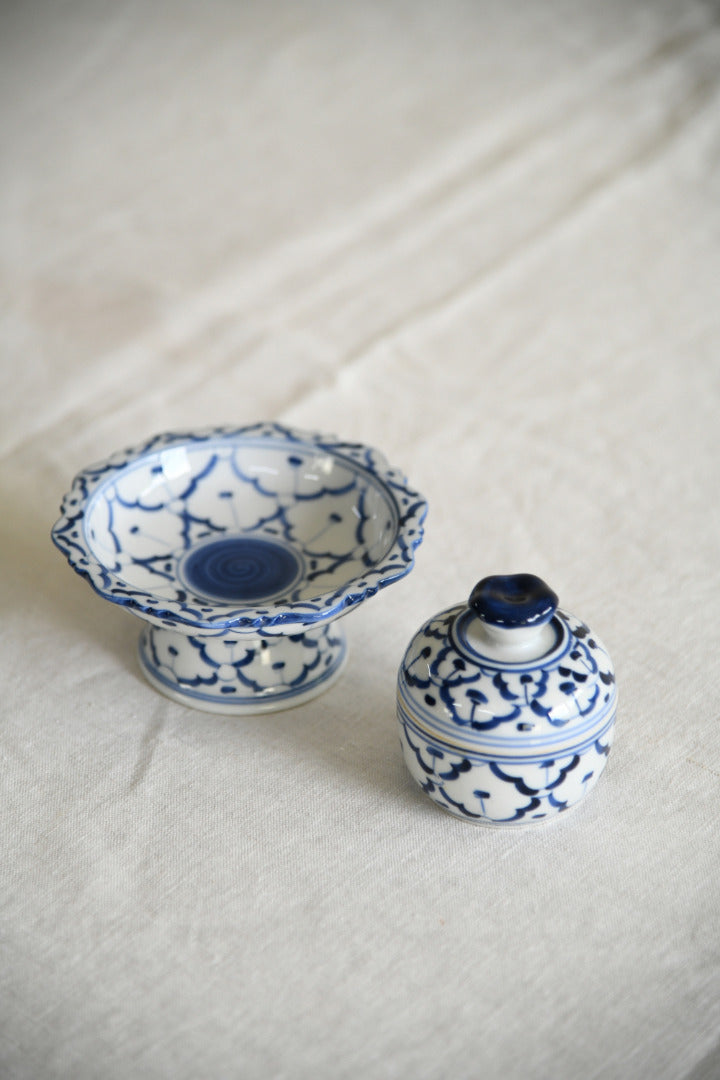 Blue & White Porcelain Lidded Pot & Pedestal Dish