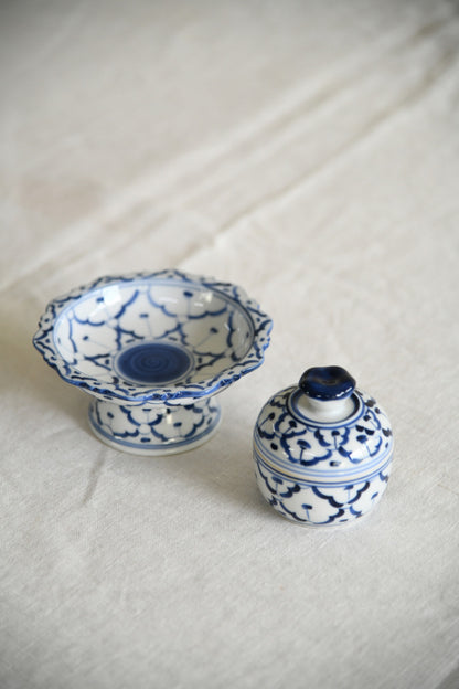 Blue & White Porcelain Lidded Pot & Pedestal Dish