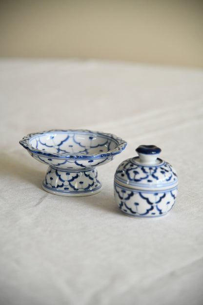 Blue & White Porcelain Lidded Pot & Pedestal Dish