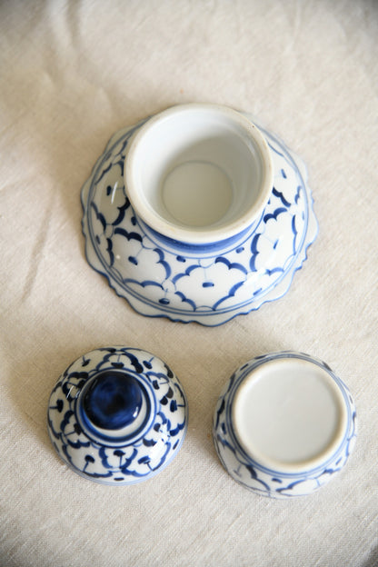 Blue & White Porcelain Lidded Pot & Pedestal Dish