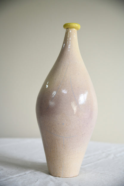 Studio Pottery Bottle Vase | Pale Glaze Yellow Rim