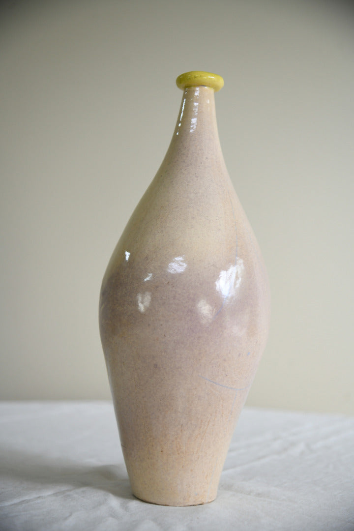 Studio Pottery Bottle Vase | Pale Glaze Yellow Rim