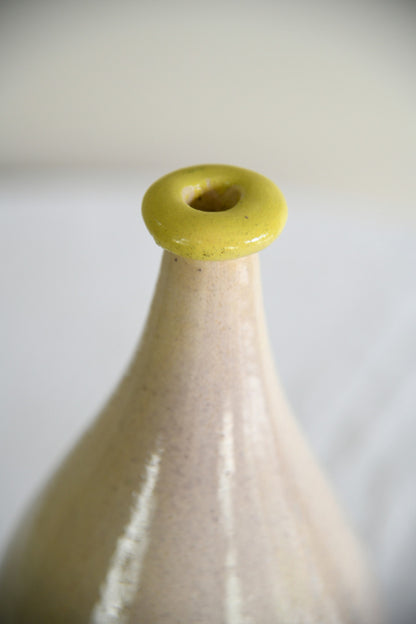 Studio Pottery Bottle Vase | Pale Glaze Yellow Rim