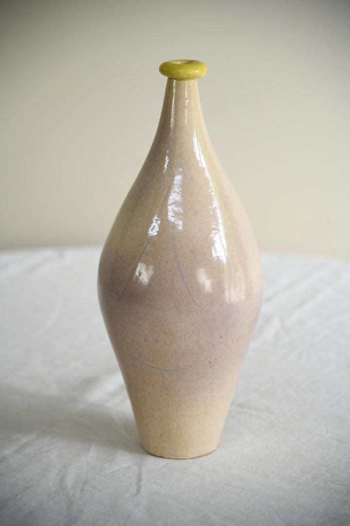 Studio Pottery Bottle Vase | Pale Glaze Yellow Rim