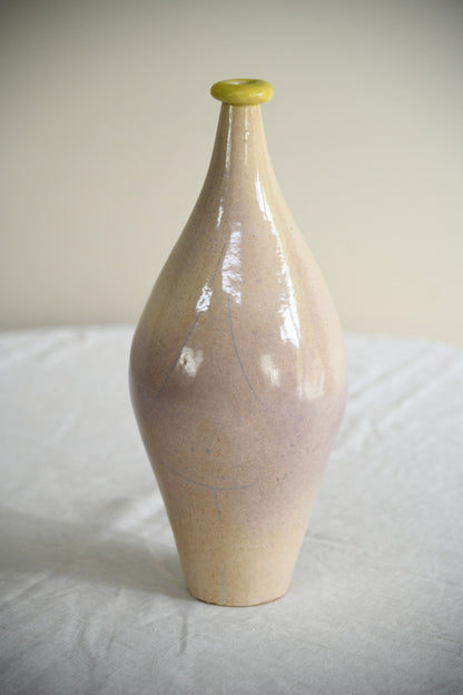 Studio Pottery Bottle Vase | Pale Glaze Yellow Rim