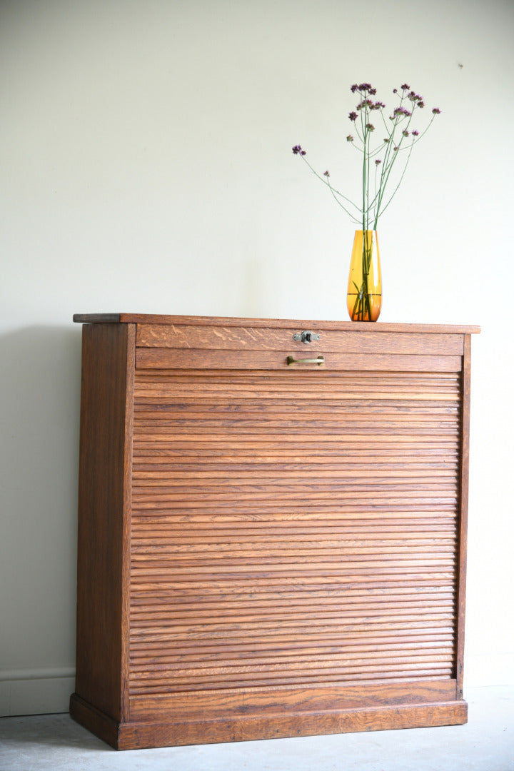 Vintage Oak Tambour Front Filing Cabinet