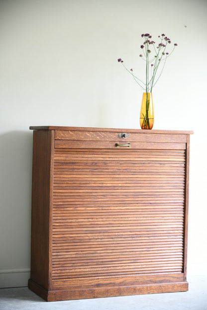 Vintage Oak Tambour Front Filing Cabinet