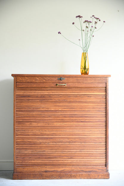 Vintage Oak Tambour Front Filing Cabinet